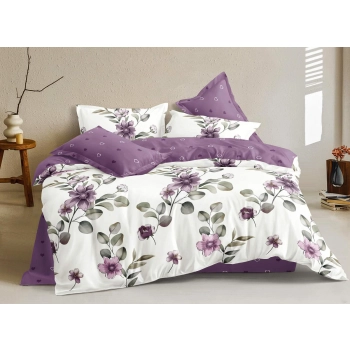 Pościel 200x220 Bawełna satynowa biało fioletowa w kwiaty PK698 z prześcieradłem